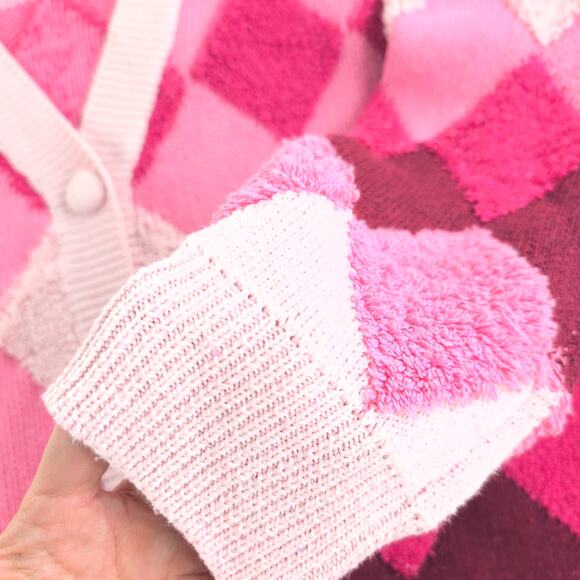 Lush Argyle Coquette Dopamine Button Down Cardigan Sweater Women's Med Oversized - Picture 2 of 9